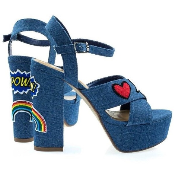 70's Inspired Denim Graphic Plarform Sandals - Picture 7 of 8